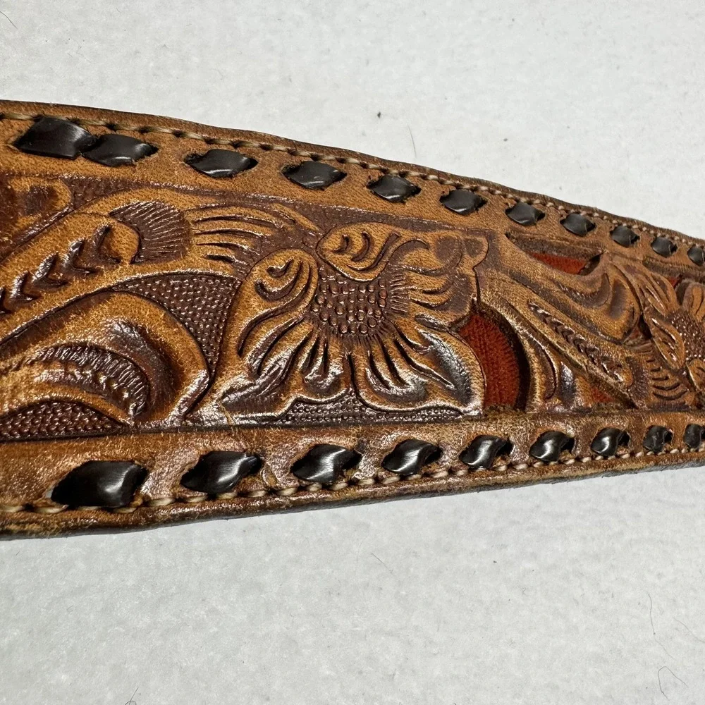 Unbranded Tooled Leather Belt Mens 42 Tan HMS Monogram Western Floral Whipstitch
